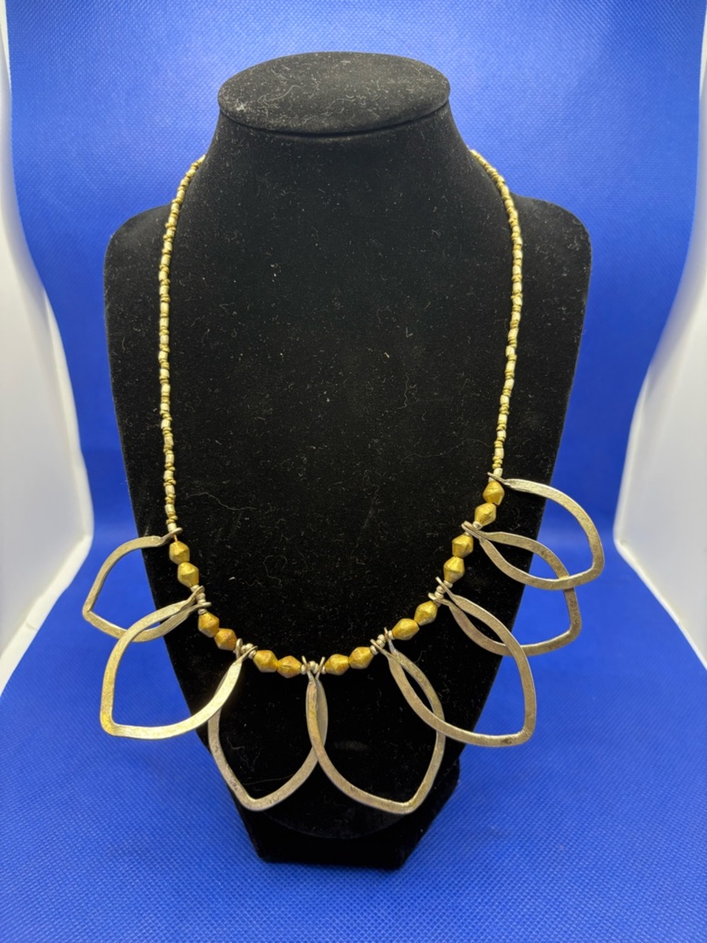 Brass Statement Necklace Hammered Petal Dangle Beaded Boho